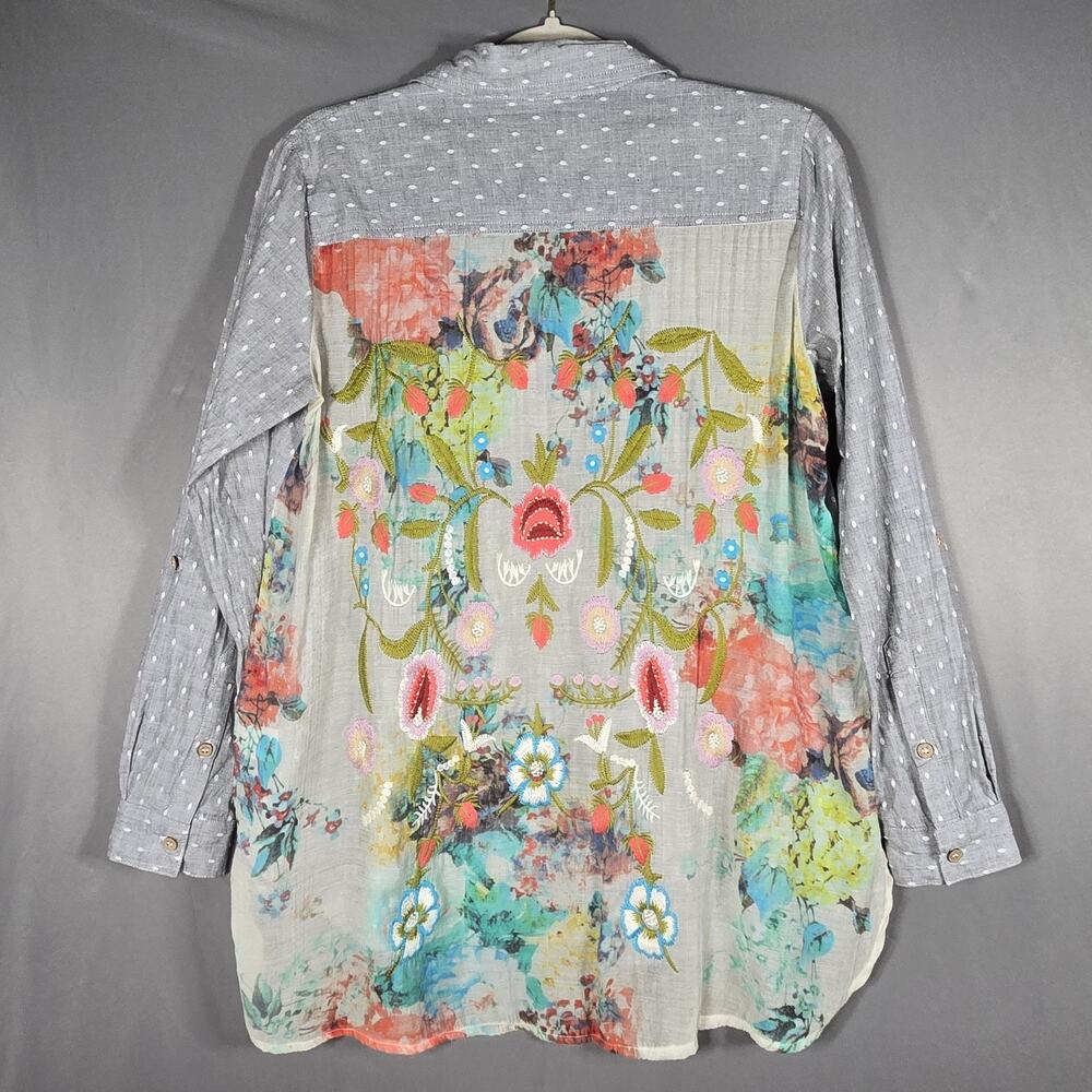 John Mark‎ Womens S Gray Floral Embroidered Tunic Top Boho Artsy Roll Tab Sleeve